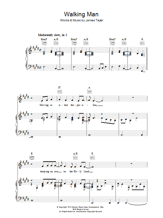 James Taylor Walking Man sheet music notes and chords arranged for Piano, Vocal & Guitar Chords