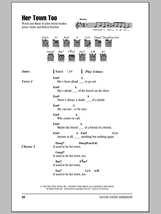 James Taylor with J.D. Souther Her Town Too sheet music notes and chords arranged for Piano, Vocal & Guitar Chords (Right-Hand Melody)