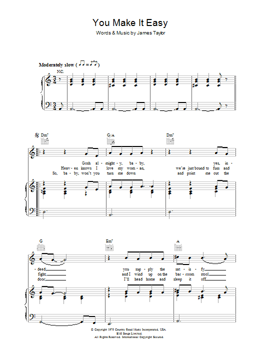 James Taylor You Make It Easy sheet music notes and chords arranged for Piano, Vocal & Guitar Chords