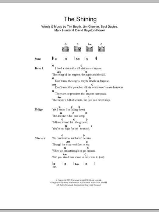 James The Shining sheet music notes and chords arranged for Guitar Chords/Lyrics
