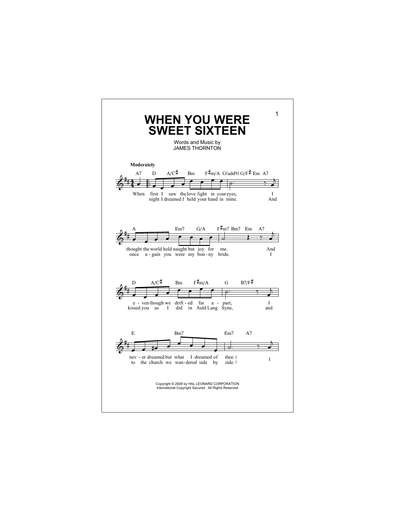 James Thornton When You Were Sweet Sixteen sheet music notes and chords arranged for Piano, Vocal & Guitar Chords (Right-Hand Melody)