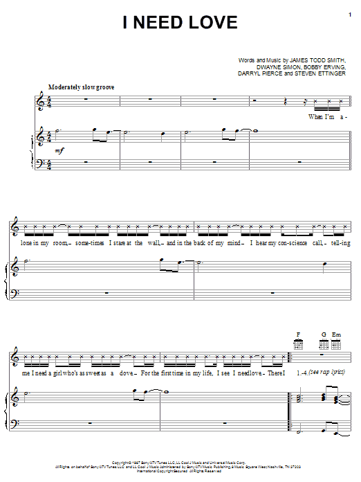 James Todd Smith I Need Love sheet music notes and chords arranged for Piano, Vocal & Guitar Chords (Right-Hand Melody)