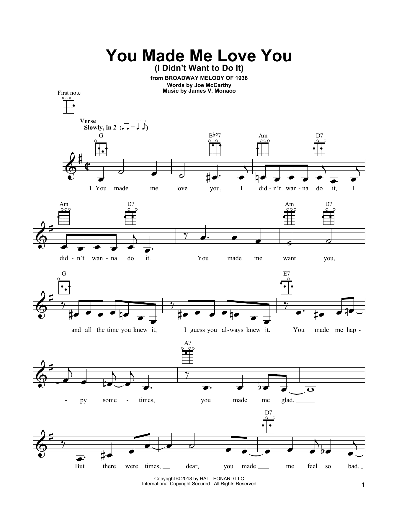 James V. Monaco You Made Me Love You (I Didn't Want To Do It) sheet music notes and chords arranged for Ukulele