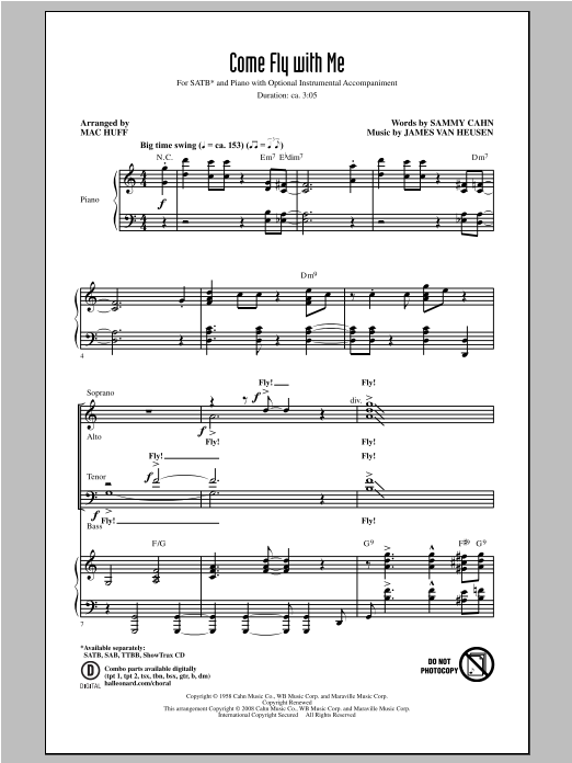 James Van Heusen Come Fly With Me (arr. Mac Huff) sheet music notes and chords arranged for SATB Choir