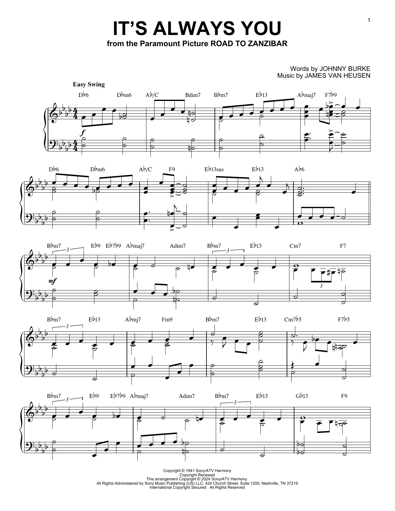 James Van Heusen It's Always You (arr. Brent Edstrom) sheet music notes and chords arranged for Piano Solo