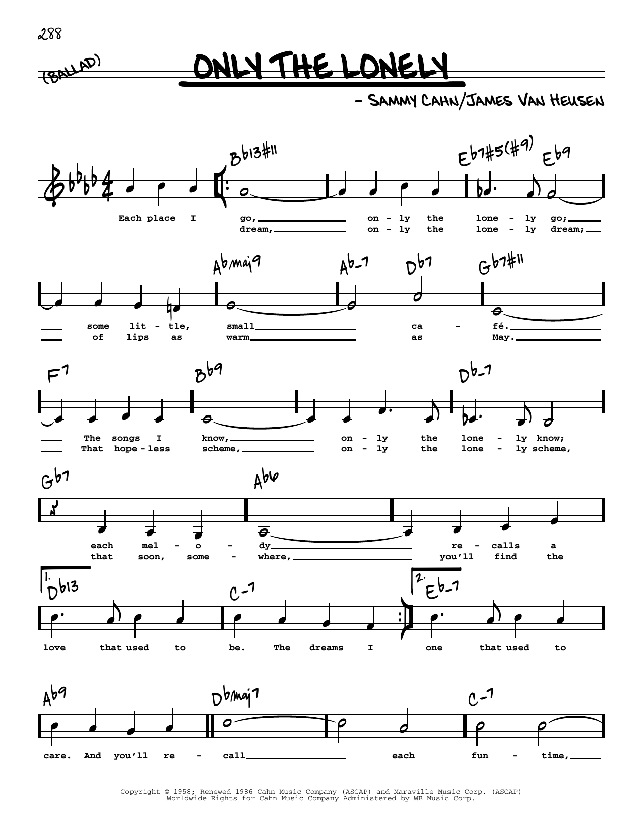 James Van Heusen Only The Lonely (Low Voice) sheet music notes and chords arranged for Real Book – Melody, Lyrics & Chords