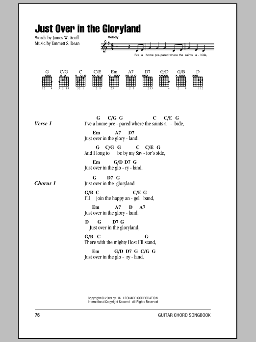 James W. Acuff Just Over In The Gloryland sheet music notes and chords arranged for Piano, Vocal & Guitar Chords (Right-Hand Melody)