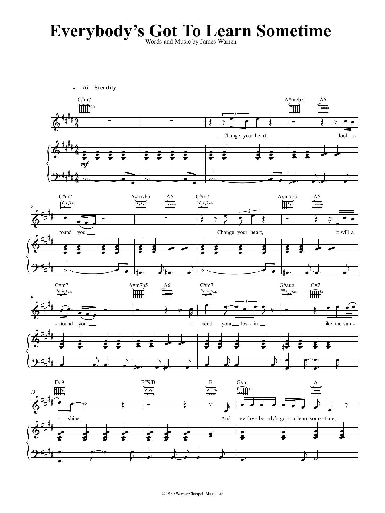 James Warren Everybody's Got To Learn Sometime sheet music notes and chords arranged for Piano, Vocal & Guitar Chords (Right-Hand Melody)
