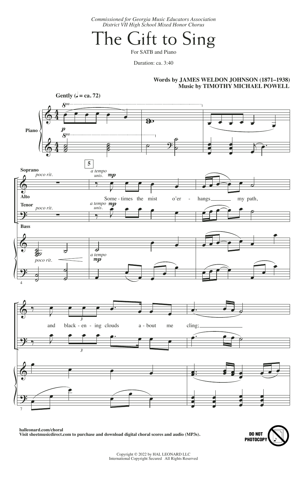 James Weldon Johnson and Timothy Michael Powell The Gift To Sing sheet music notes and chords arranged for SATB Choir