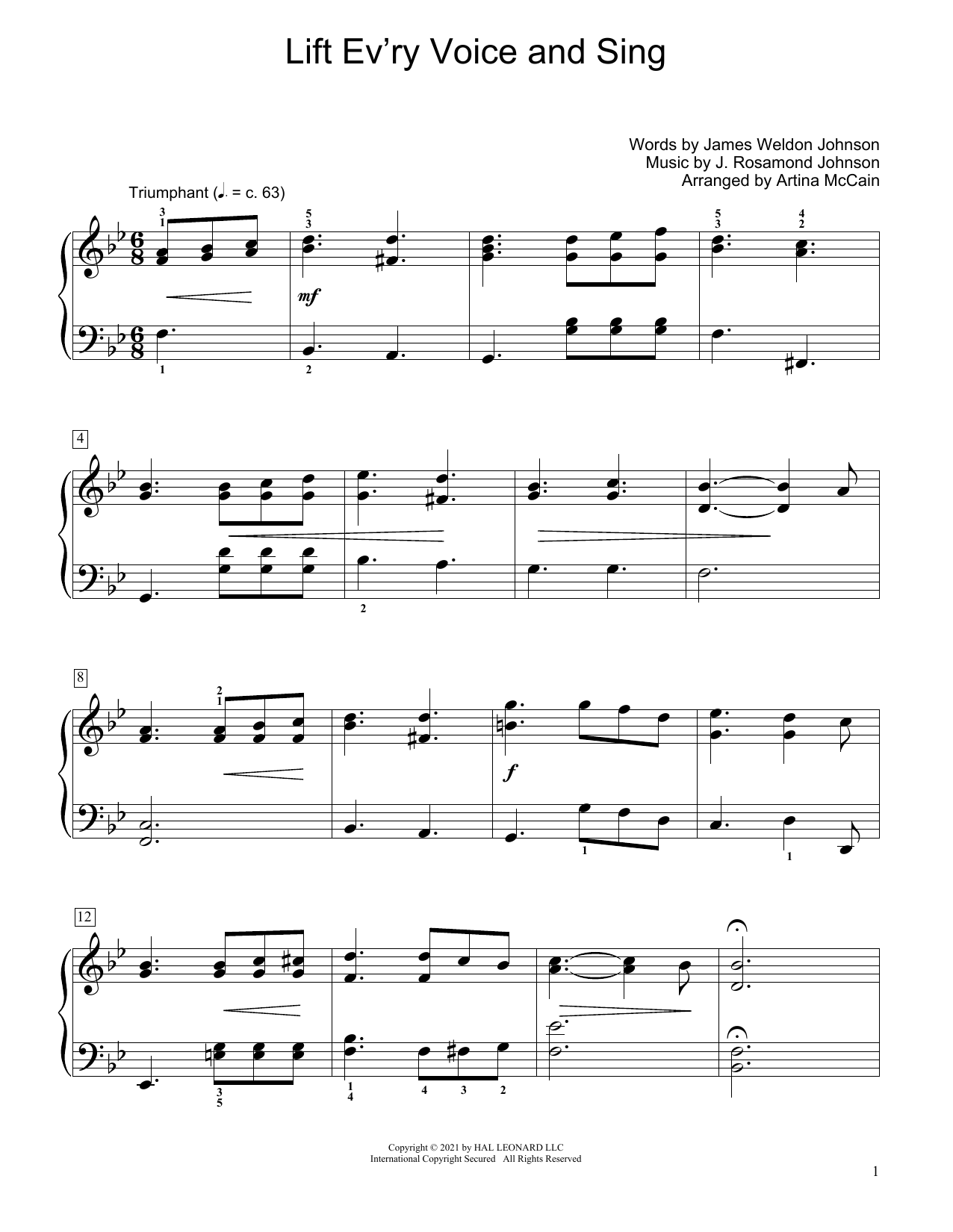 James Weldon Johnson Lift Ev'ry Voice And Sing (arr. Artina McCain) sheet music notes and chords arranged for Educational Piano