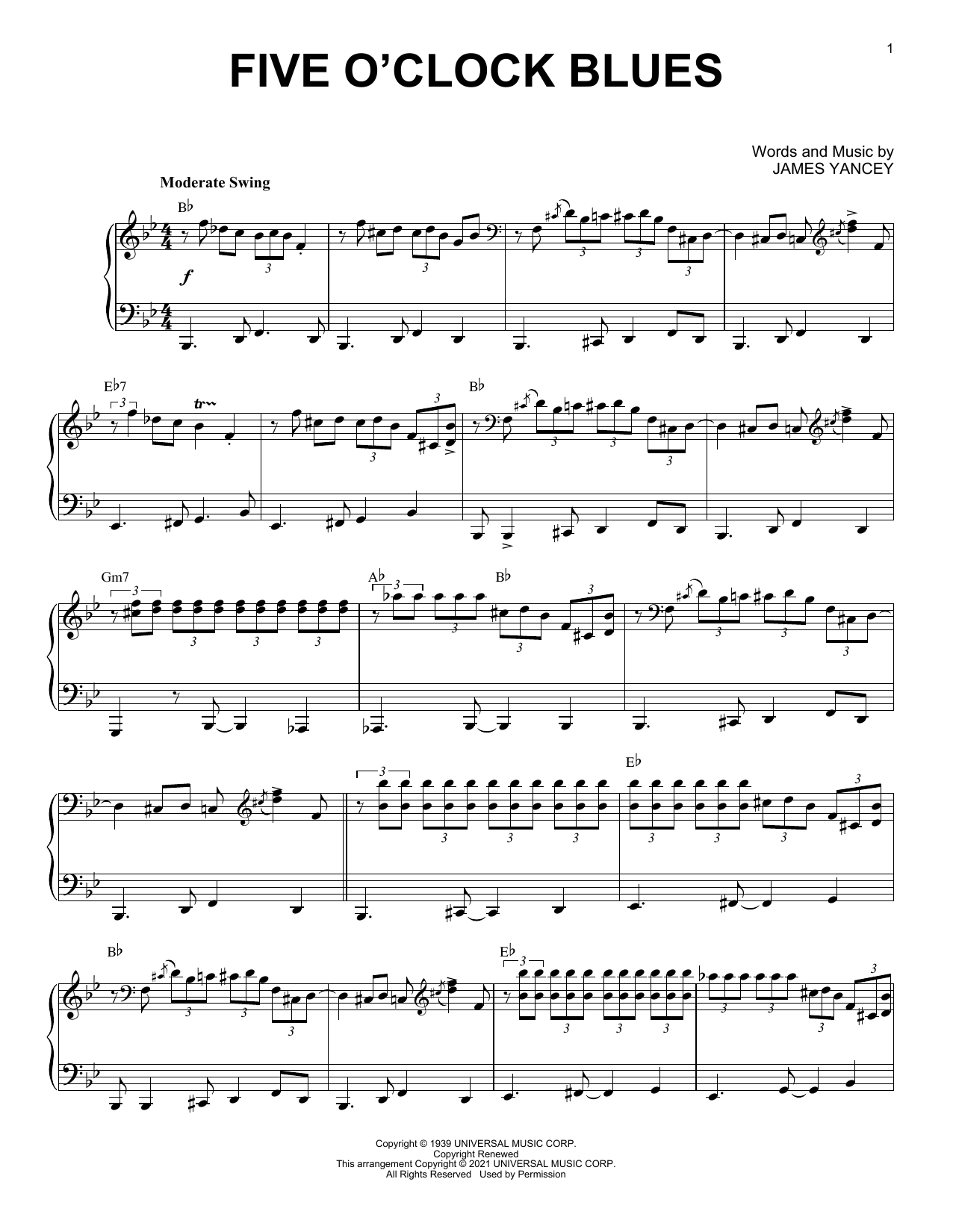 James Yancey Five O'Clock Blues (arr. Brent Edstrom) sheet music notes and chords arranged for Piano Solo