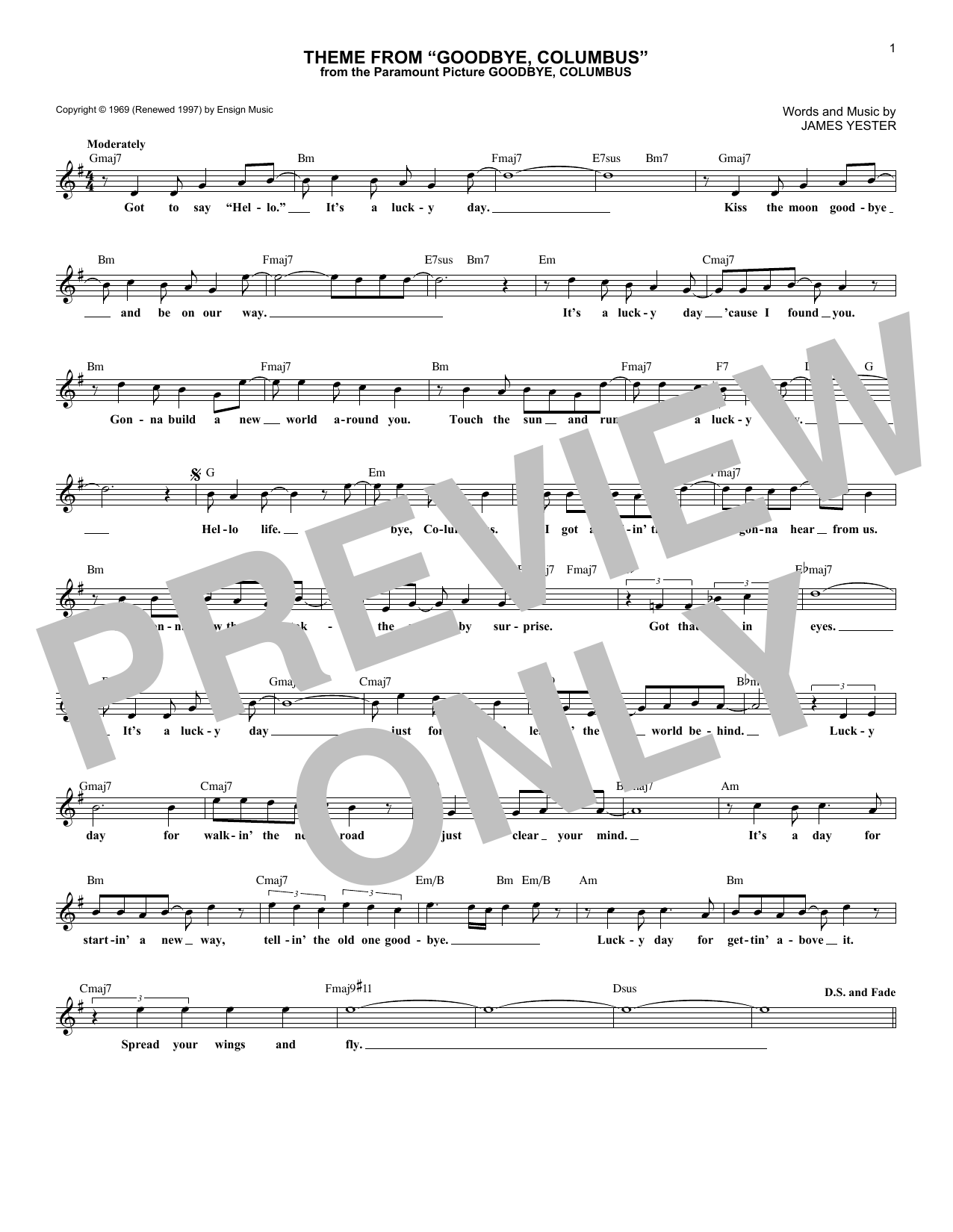 James Yester Theme From Goodbye Columbus sheet music notes and chords arranged for Lead Sheet / Fake Book