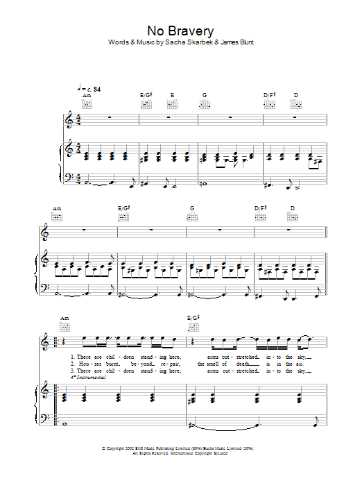 James Blunt No Bravery sheet music notes and chords. Download Printable PDF.