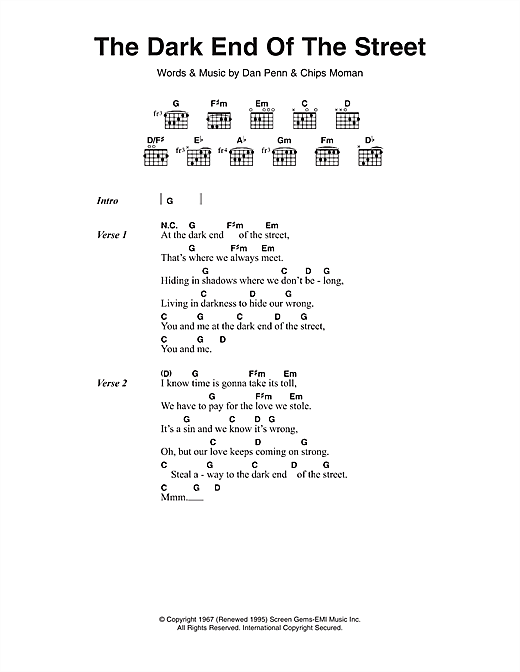 James Carr The Dark End Of The Street sheet music notes and chords arranged for Guitar Chords/Lyrics