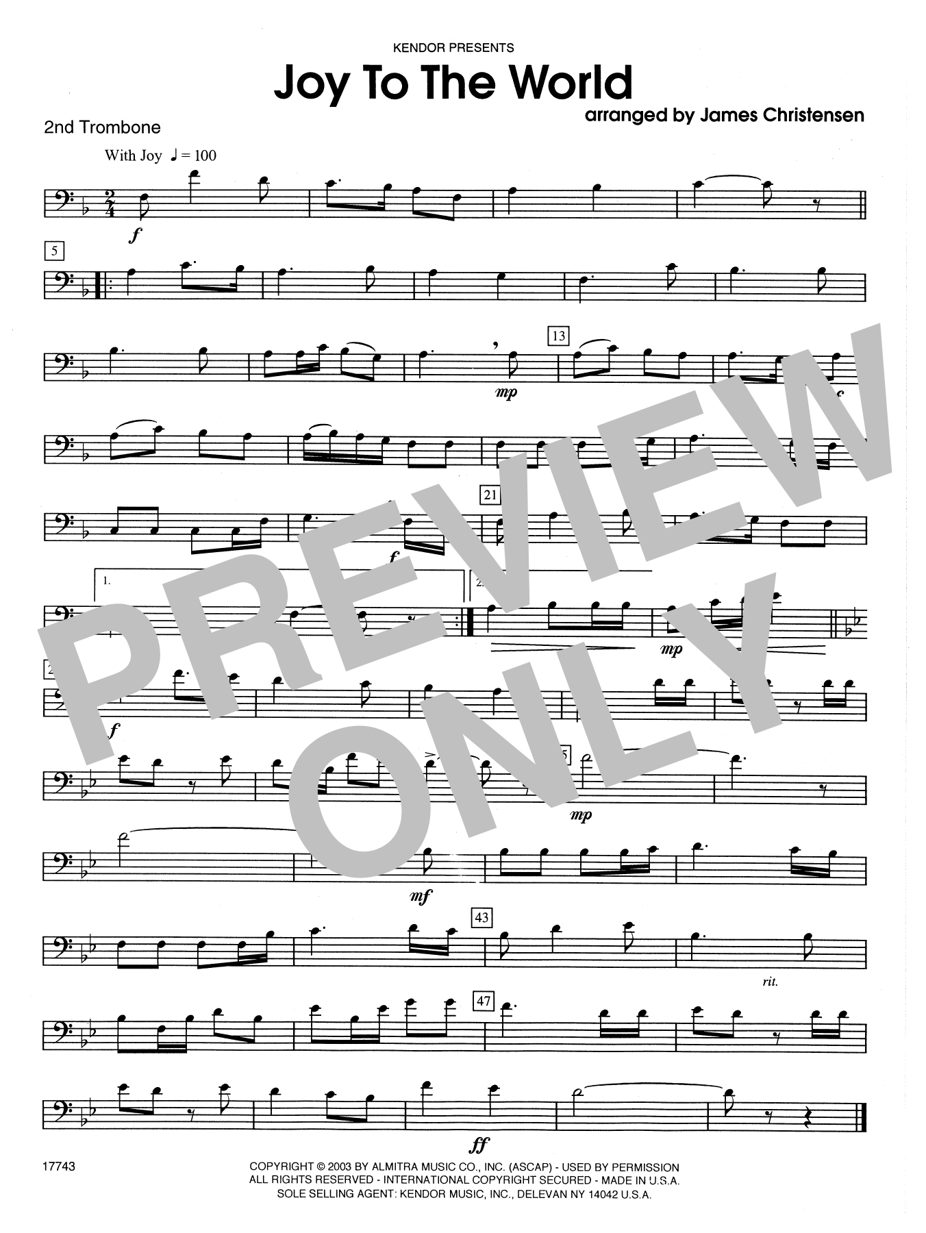 James Christensen Joy to the World - 2nd Trombone sheet music notes and chords. Download Printable PDF.