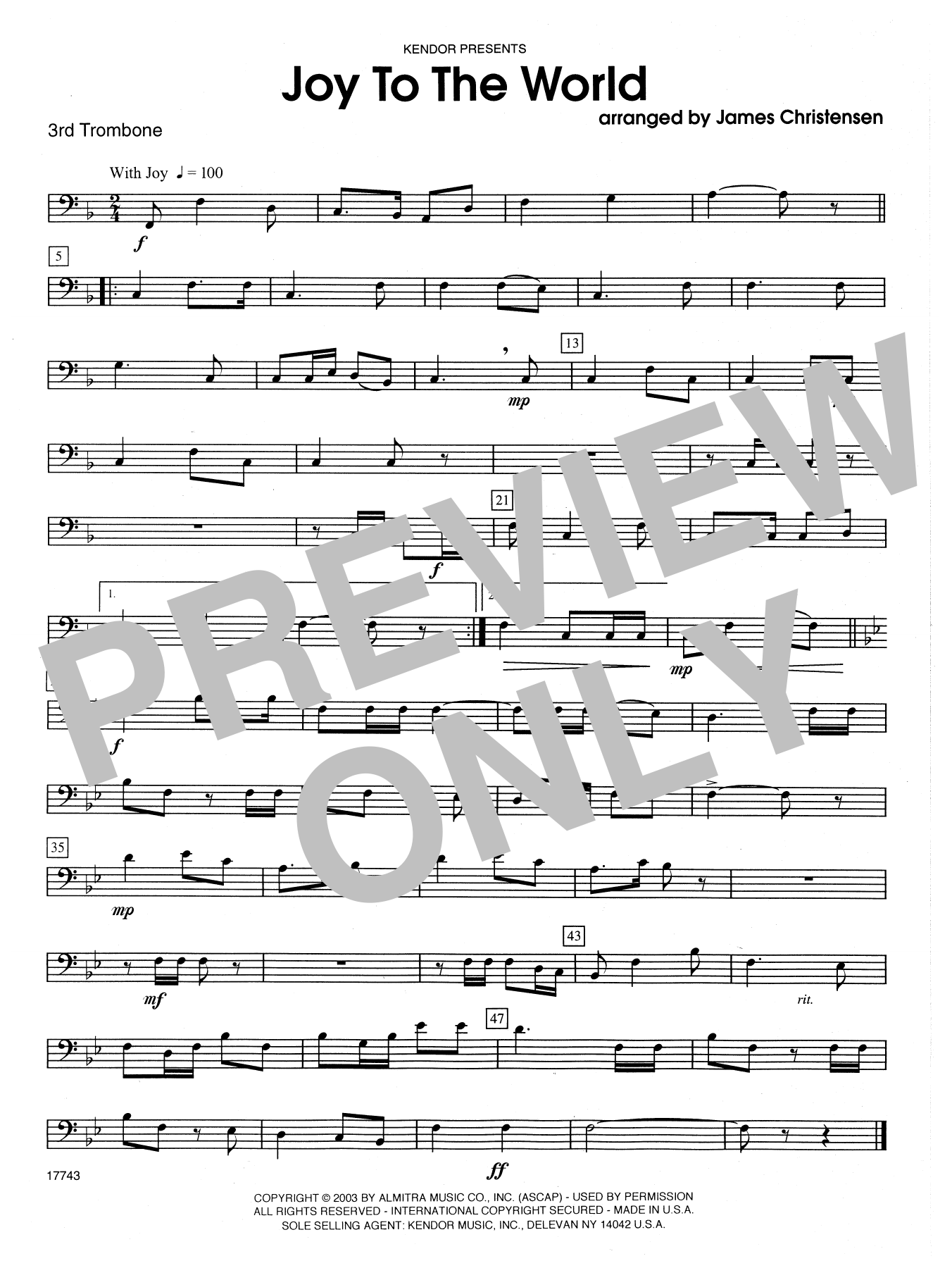 James Christensen Joy to the World - 3rd Trombone sheet music notes and chords. Download Printable PDF.