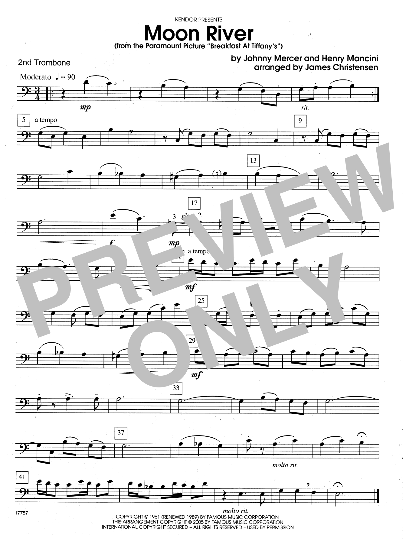 James Christensen Moon River (From The Paramount Picture Breakfast At Tiffany's) - 2nd Trombone sheet music notes and chords. Download Printable PDF.