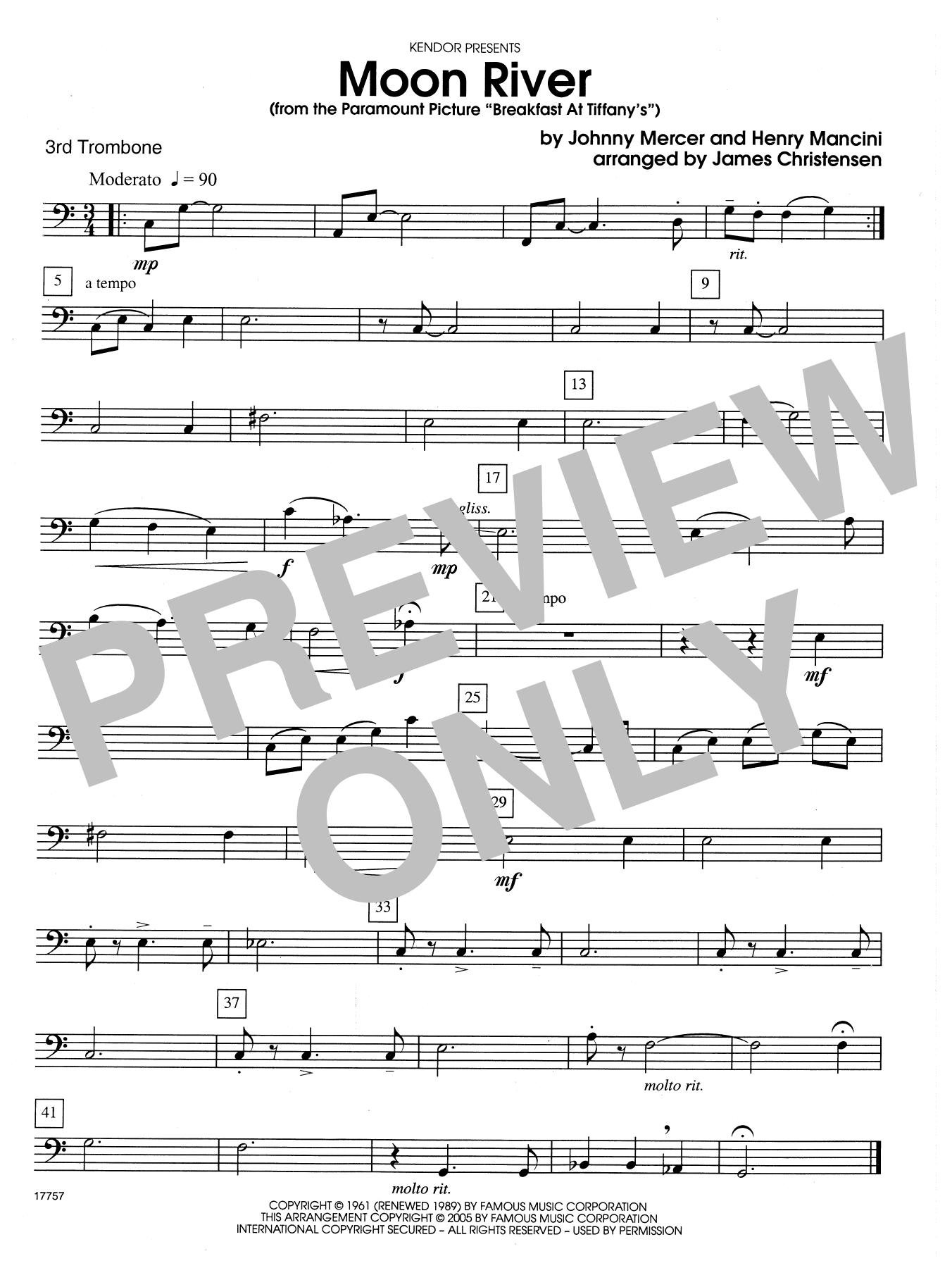 James Christensen Moon River (From The Paramount Picture Breakfast At Tiffany's) - 3rd Trombone sheet music notes and chords. Download Printable PDF.