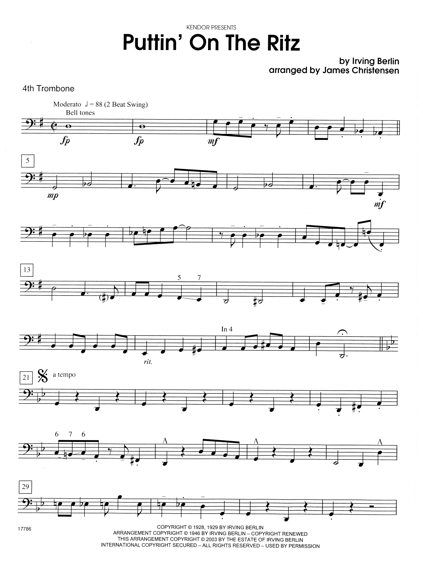 James Christensen Puttin' on the Ritz - 4th Trombone sheet music notes and chords. Download Printable PDF.