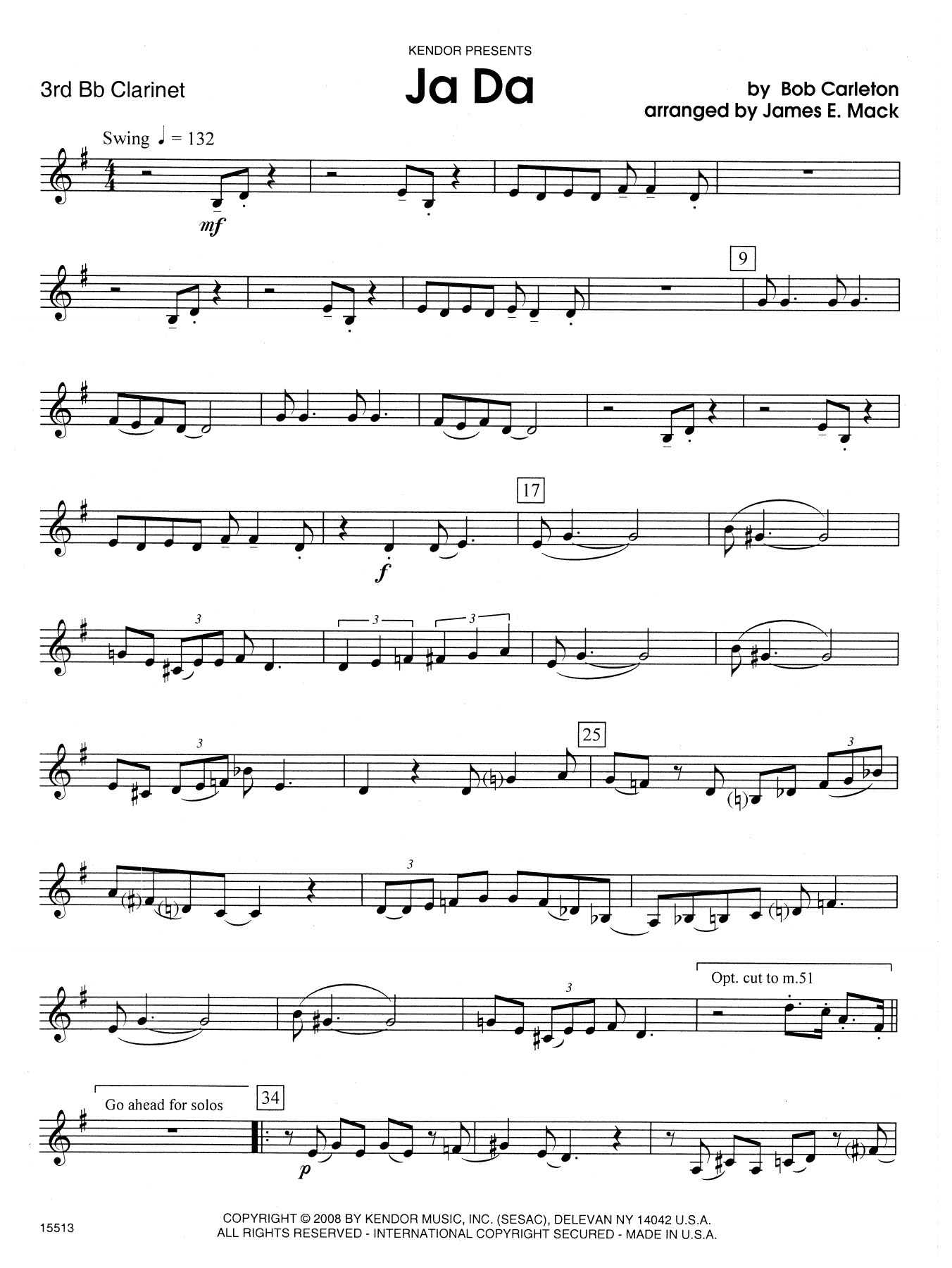 James E. Mack Ja Da - 3rd Bb Clarinet sheet music notes and chords. Download Printable PDF.