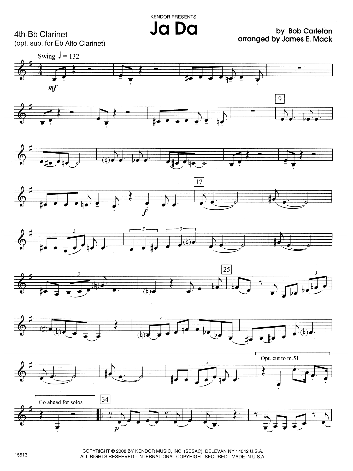 James E. Mack Ja Da - 4th Bb Clarinet sheet music notes and chords. Download Printable PDF.