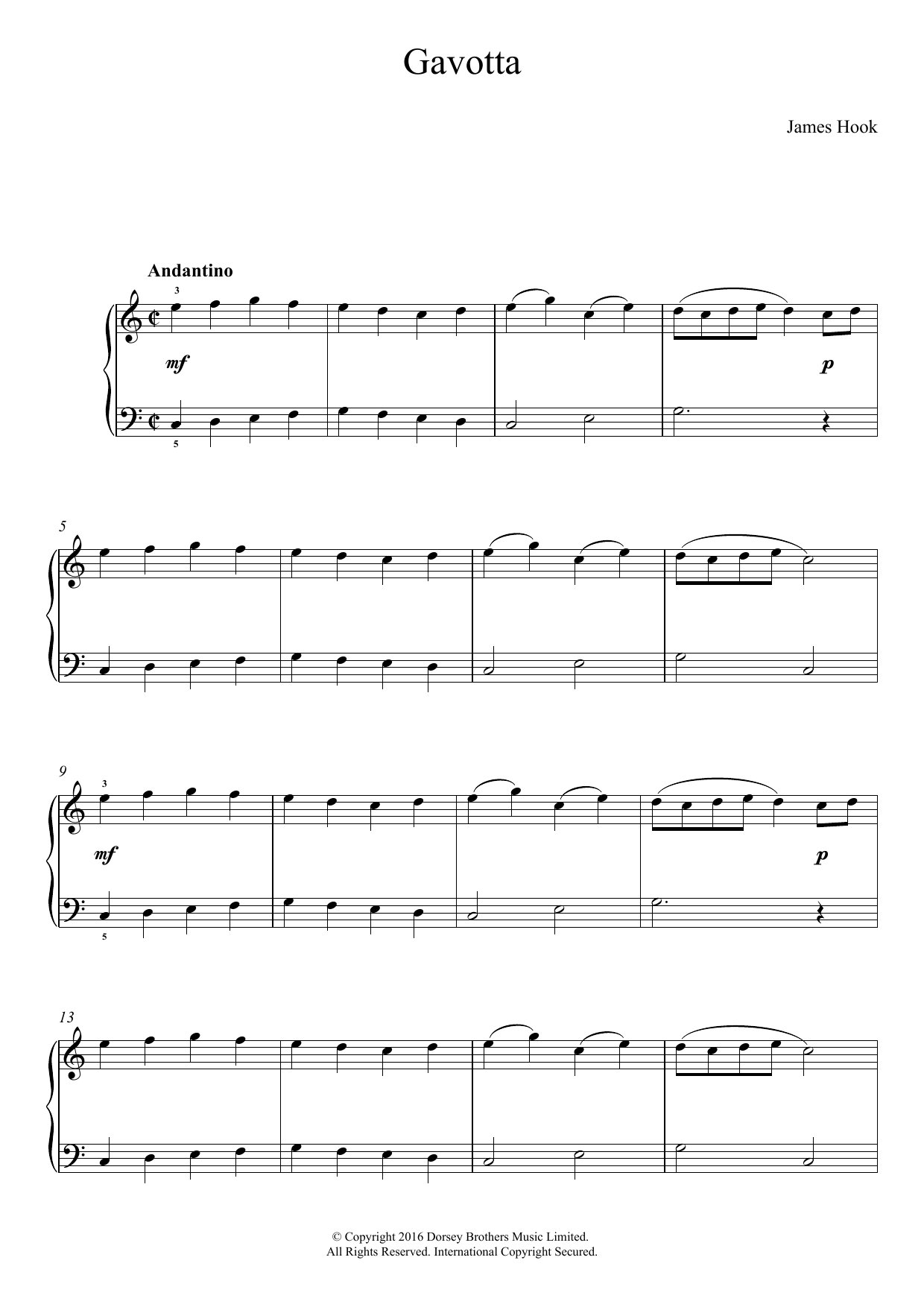 James Hook Gavotta sheet music notes and chords arranged for Easy Piano