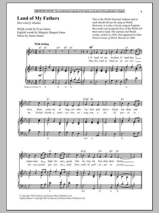 James James Land Of My Fathers sheet music notes and chords arranged for Piano & Vocal