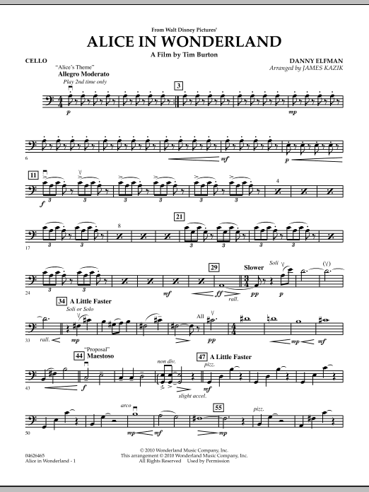 James Kazik Alice In Wonderland - Cello sheet music notes and chords. Download Printable PDF.