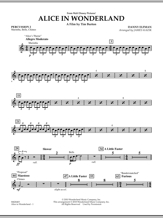 James Kazik Alice In Wonderland - Percussion 2 sheet music notes and chords. Download Printable PDF.