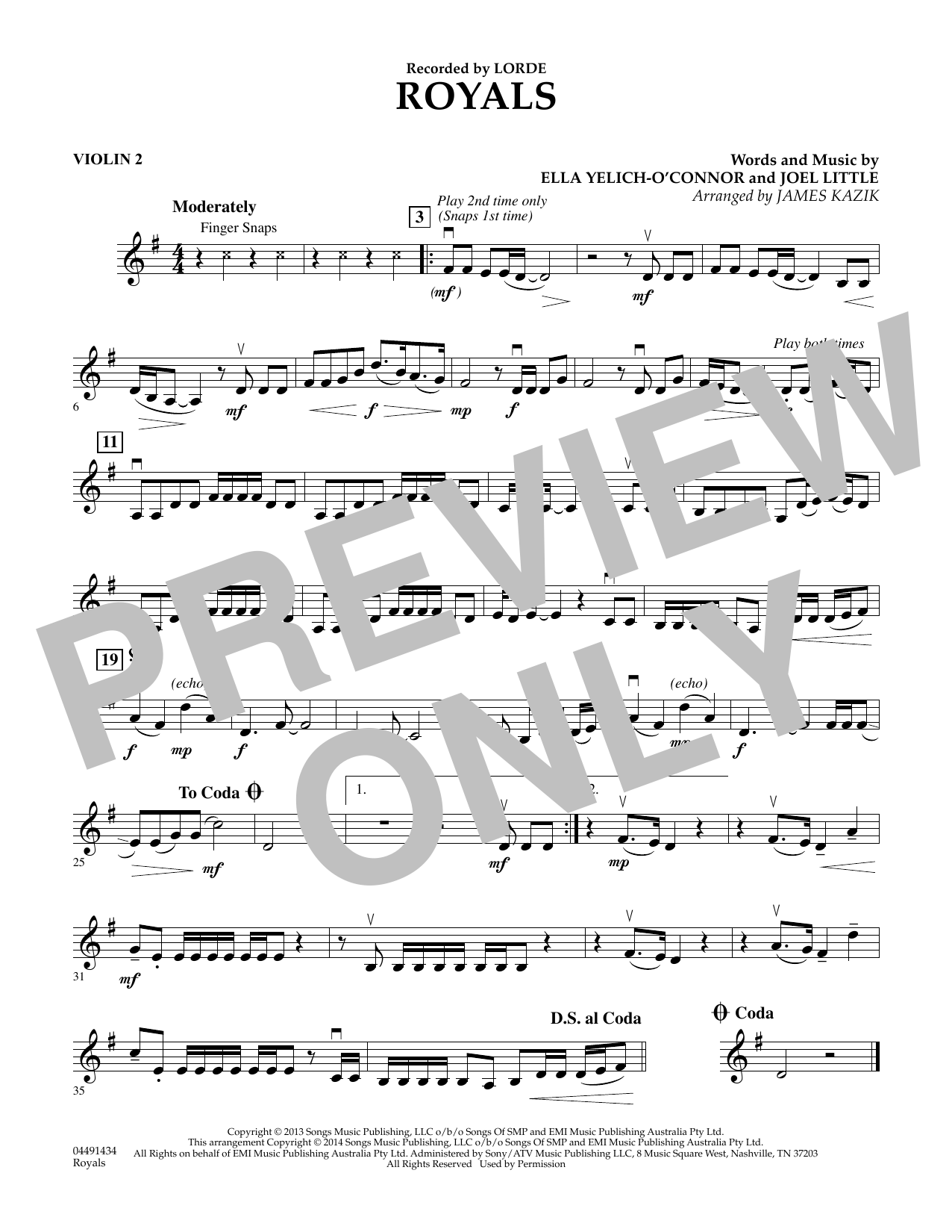 James Kazik Royals - Violin 2 sheet music notes and chords. Download Printable PDF.