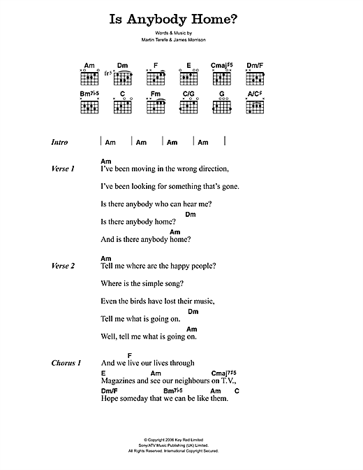 James Morrison Is Anybody Home? sheet music notes and chords arranged for Guitar Chords/Lyrics