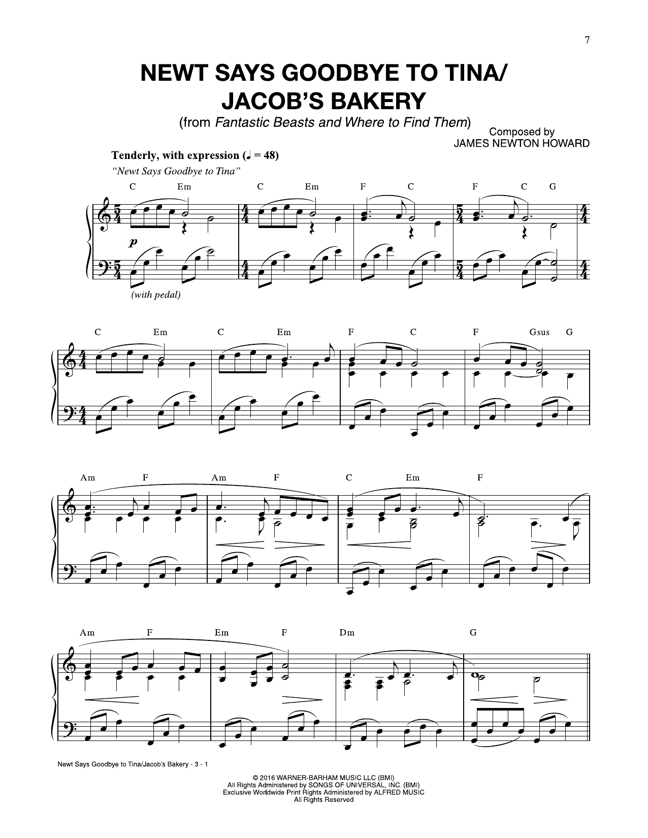 James Newton Howard Newt Says Goodbye To Tina / Jacob's Bakery (from Fantastic Beasts And Where To Find Them) sheet music notes and chords arranged for Piano Solo