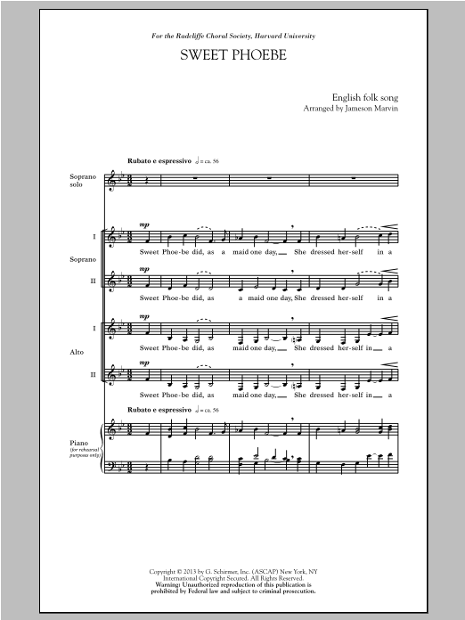 Jameson Marvin Sweet Phoebe sheet music notes and chords arranged for SSA Choir
