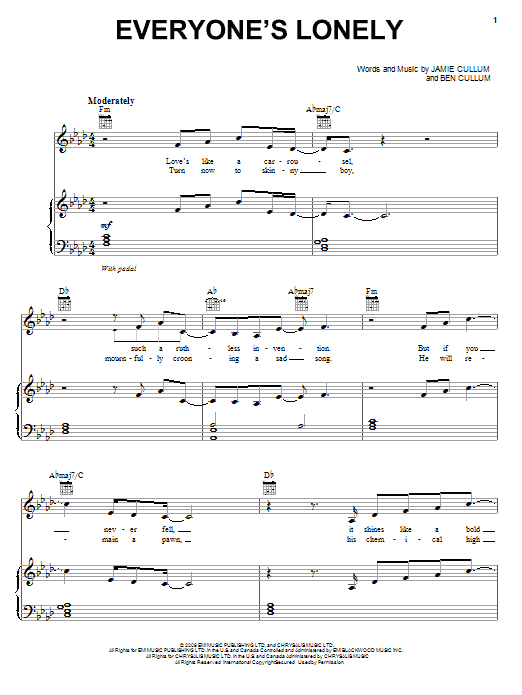 Jamie Cullum Everyone's Lonely sheet music notes and chords arranged for Piano, Vocal & Guitar Chords (Right-Hand Melody)