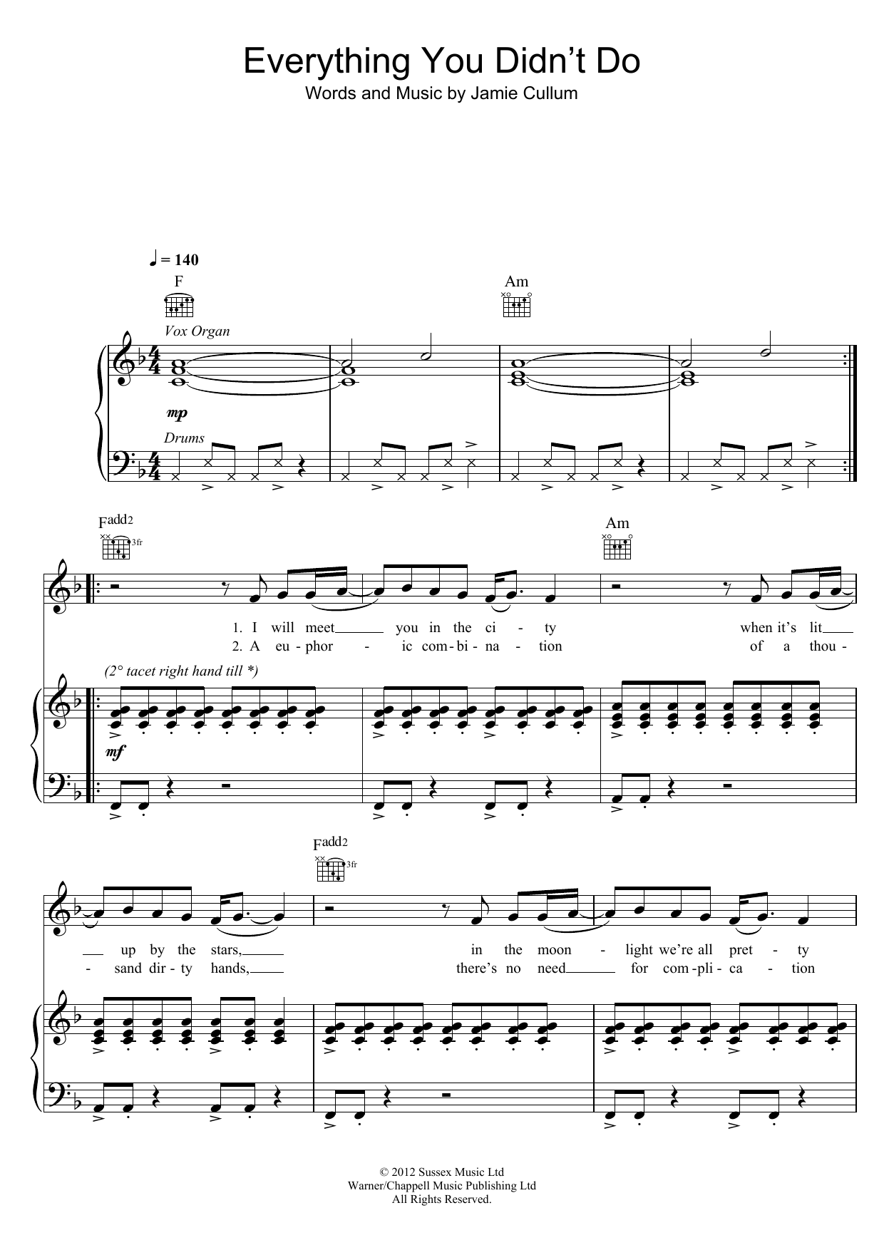 Jamie Cullum Everything You Didn't Do sheet music notes and chords arranged for Piano, Vocal & Guitar Chords (Right-Hand Melody)