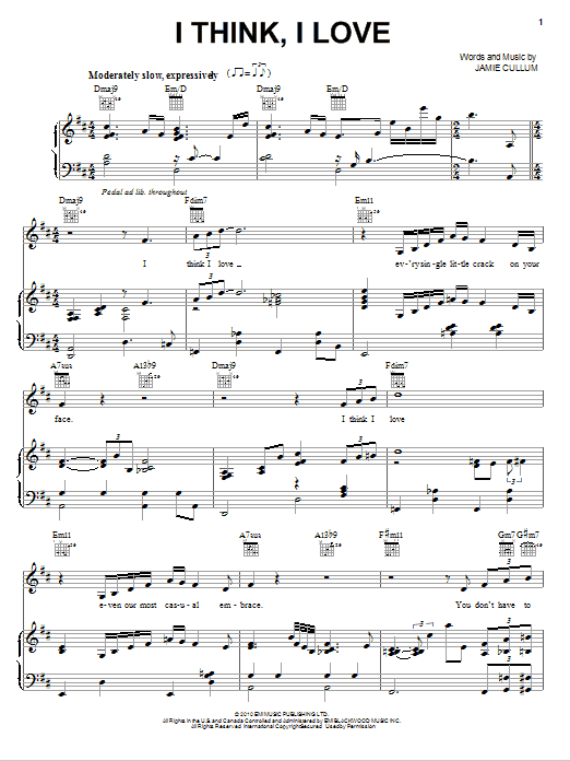 Jamie Cullum I Think, I Love sheet music notes and chords arranged for Piano, Vocal & Guitar Chords (Right-Hand Melody)