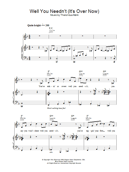 Jamie Cullum Well You Needn't (It's Over Now) sheet music notes and chords arranged for Piano, Vocal & Guitar Chords