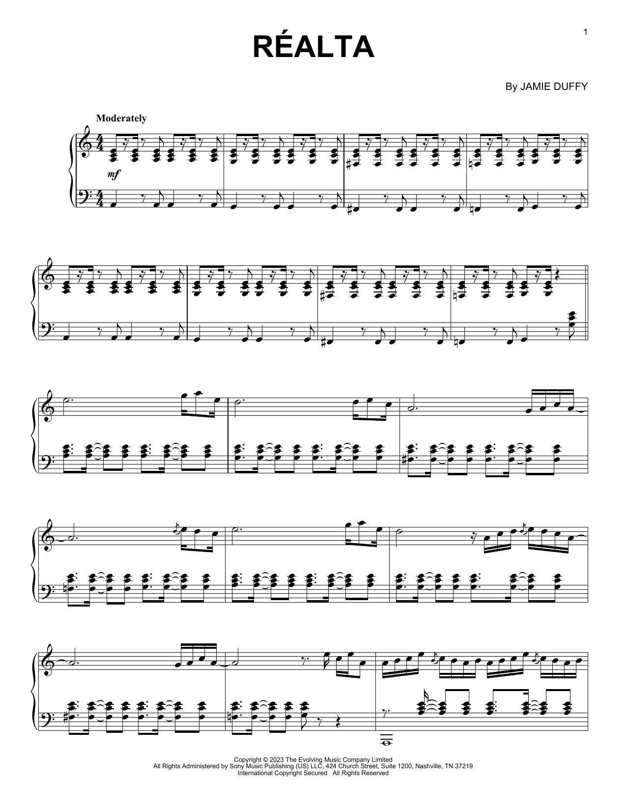 Jamie Duffy Réalta sheet music notes and chords arranged for Piano Solo
