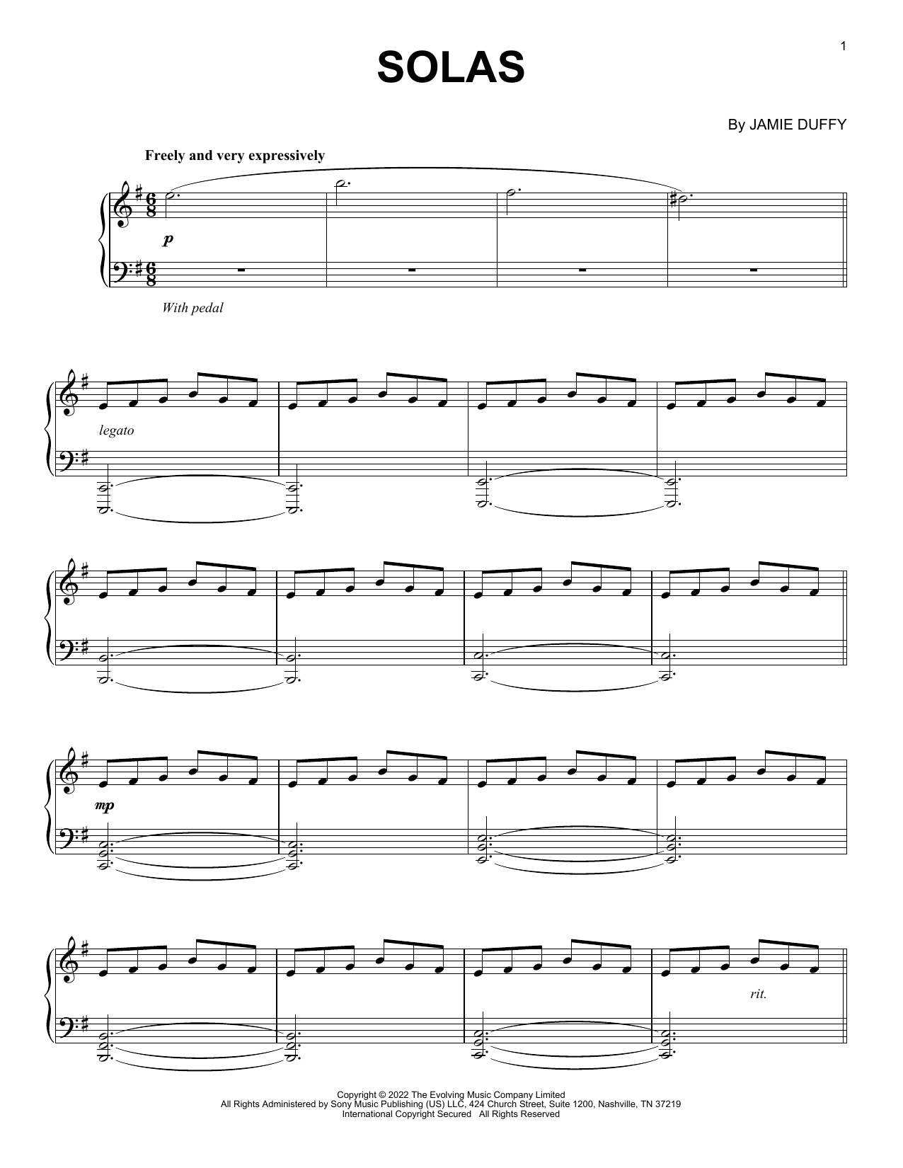 Jamie Duffy Solas sheet music notes and chords arranged for Piano Solo