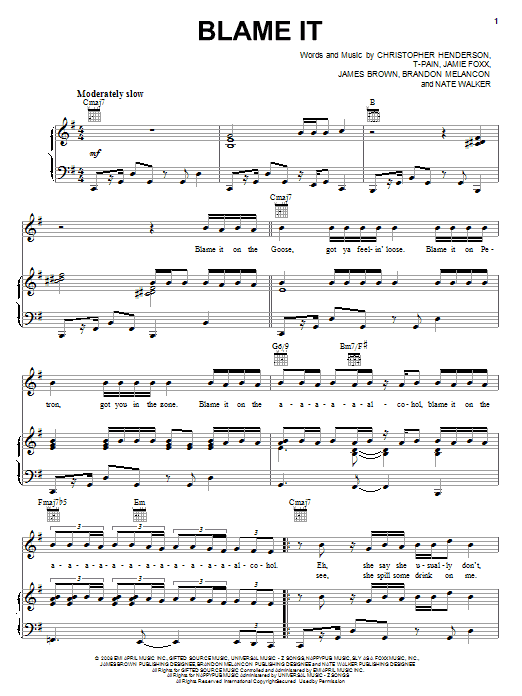 Jamie Foxx featuring T-Pain Blame It sheet music notes and chords arranged for Piano, Vocal & Guitar Chords (Right-Hand Melody)