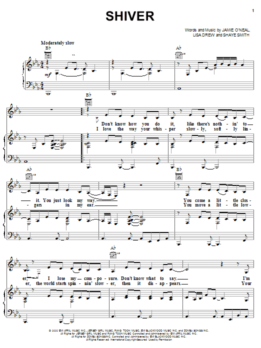 Jamie O'Neal Shiver sheet music notes and chords arranged for Piano, Vocal & Guitar Chords (Right-Hand Melody)