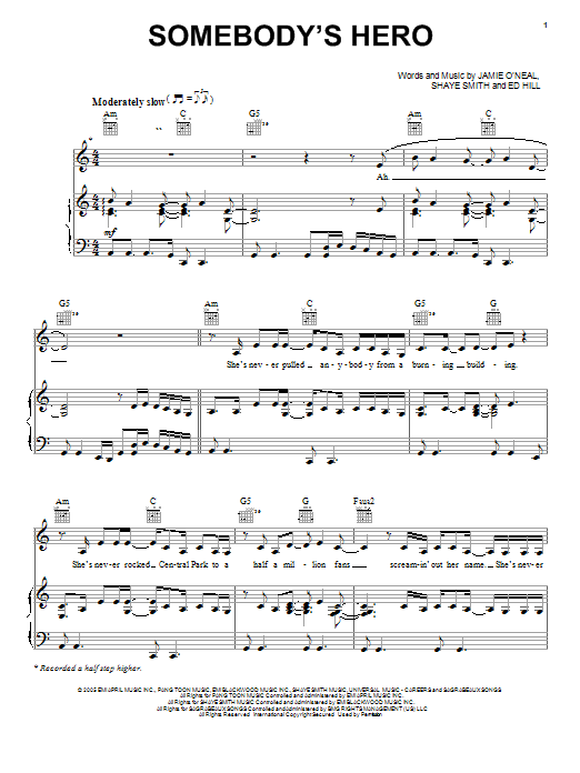 Jamie O'Neal Somebody's Hero sheet music notes and chords arranged for Piano, Vocal & Guitar Chords (Right-Hand Melody)