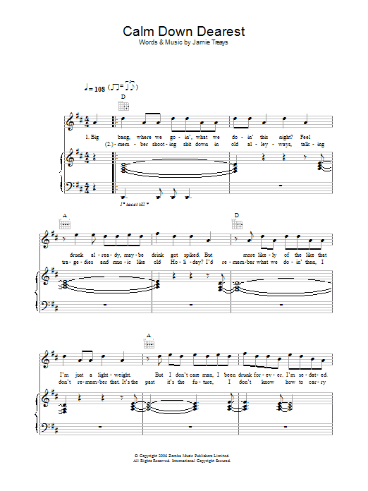 Jamie T Calm Down Dearest sheet music notes and chords arranged for Guitar Chords/Lyrics