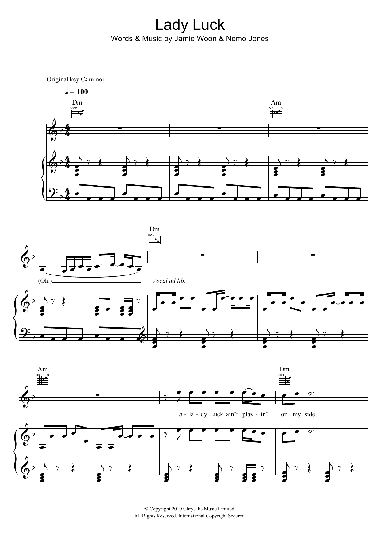 Jamie Woon Lady Luck sheet music notes and chords arranged for Piano, Vocal & Guitar Chords