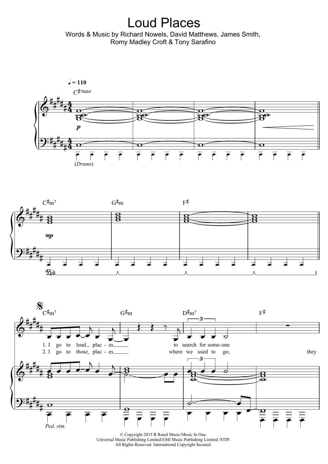 Jamie xx Loud Places sheet music notes and chords arranged for Piano, Vocal & Guitar Chords