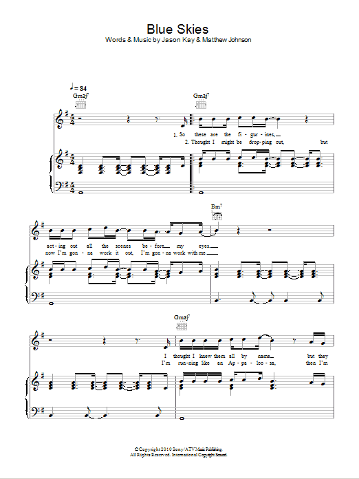 Jamiroquai Blue Skies sheet music notes and chords arranged for Piano, Vocal & Guitar Chords