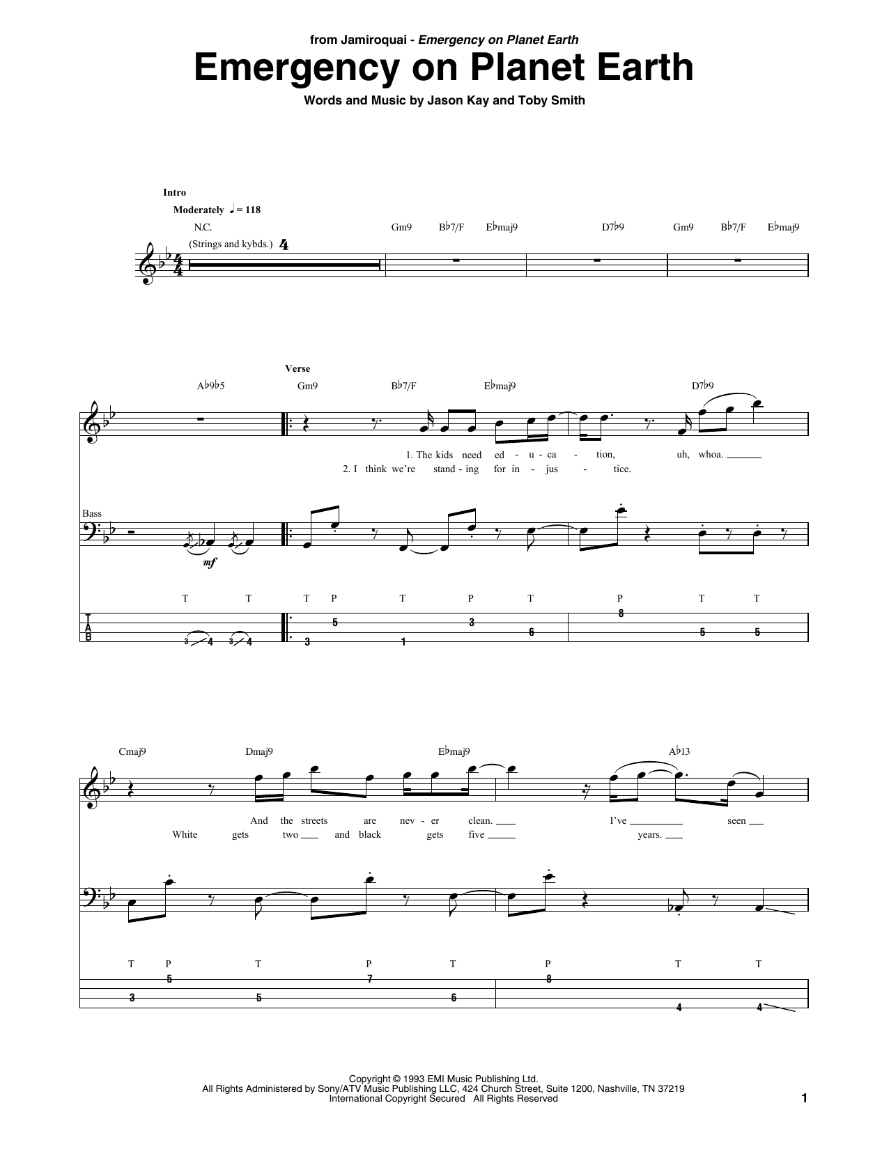 Jamiroquai Emergency On Planet Earth sheet music notes and chords arranged for Bass Guitar Tab
