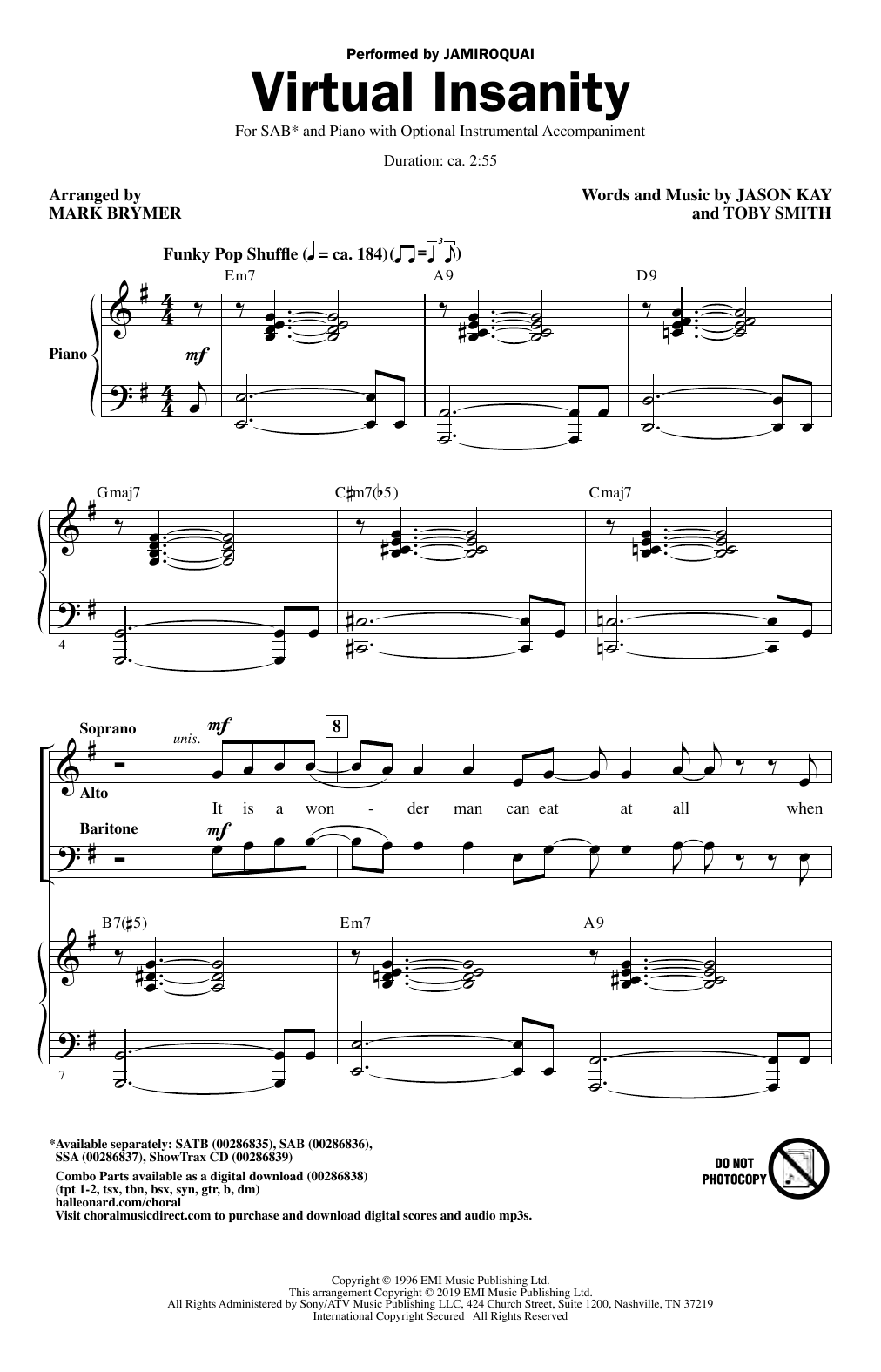 Jamiroquai Virtual Insanity (arr. Mark Brymer) sheet music notes and chords arranged for SATB Choir
