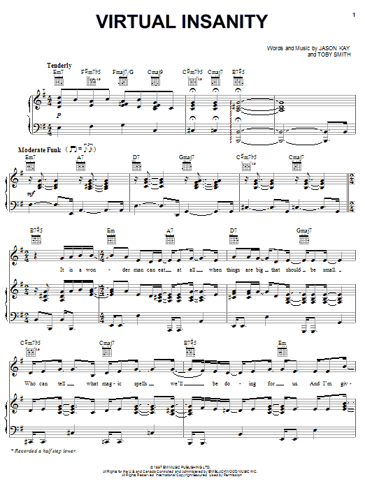 Jamiroquai Virtual Insanity sheet music notes and chords arranged for Piano, Vocal & Guitar Chords (Right-Hand Melody)