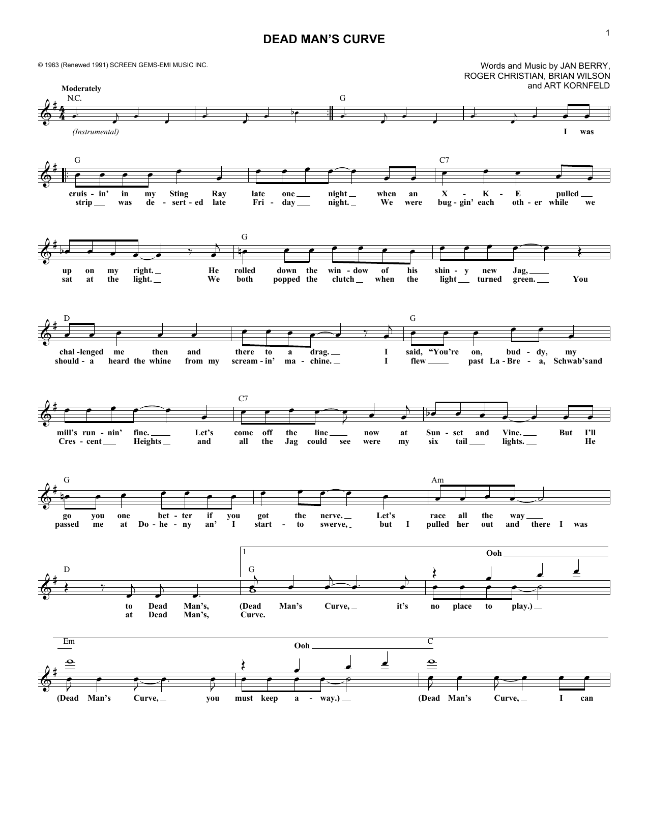 Jan & Dean Dead Man's Curve sheet music notes and chords arranged for Lead Sheet / Fake Book